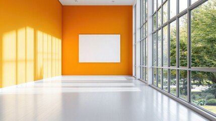 Obraz premium Bright modern interior with an orange wall and large windows, inviting natural light and creativity into the spacious area.