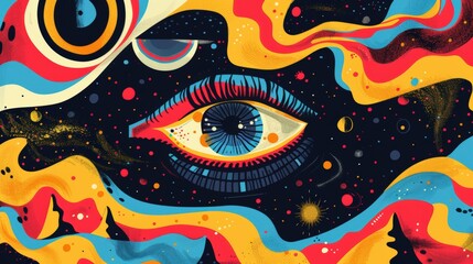 Illustrate a â€˜70s music festival poster, incorporating psychedelic patterns, bold colors, and iconic imagery