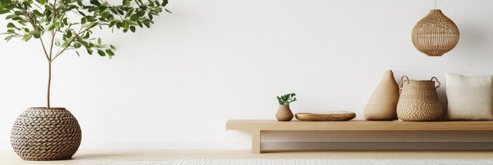 Obraz premium Modern Eco-Friendly Minimalist Interior Design for Sustainable Living on White Background with Copy Space