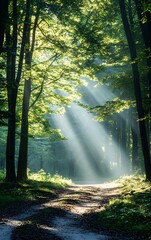 Obraz premium Bright morning light streaming through a forest, symbolizing the promise of a new day
