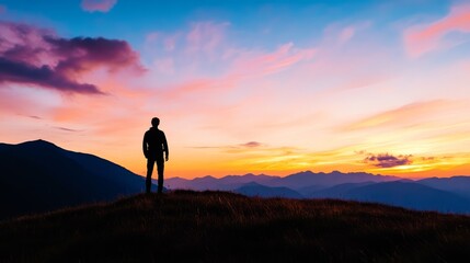 A silhouette of a person standing alone on a mountain peak, with a breathtaking sunset in the background. The image evokes feelings of solitude, contemplation, and the beauty of nature.