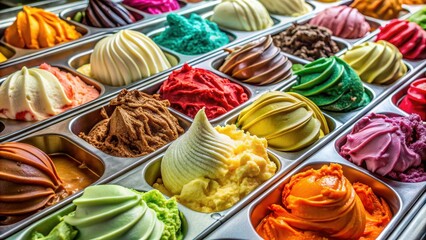 Fototapeta premium Close up of a variety of colorful gelato flavors on display, gelato, dessert, ice cream, sweet, indulgence, frozen treat
