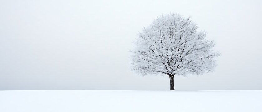 A lone tree with snow-covered branches, positioned on the side of the image with a clear white sky filling the rest of the frame, ideal for adding messages or designs