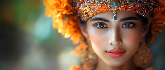 Portrait of a woman wearing a traditional Balinese headdress with flowers.