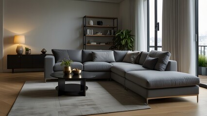 grey L-shaped sofa against a bright white backdrop, surrounded by light wood flooring in a modern