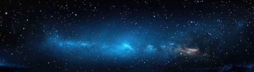 Stunning panoramic view of a starry night sky with vibrant blue hues and scattered stars, perfect for space-themed projects.