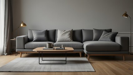 grey L-shaped sofa against a bright white backdrop, surrounded by light wood flooring in a modern