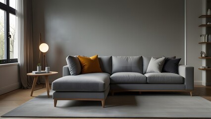 grey L-shaped sofa against a bright white backdrop, surrounded by light wood flooring in a modern