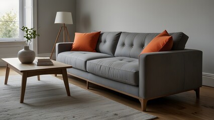 grey L-shaped sofa against a bright white backdrop, surrounded by light wood flooring in a modern