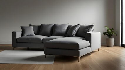 grey L-shaped sofa against a bright white backdrop, surrounded by light wood flooring in a modern