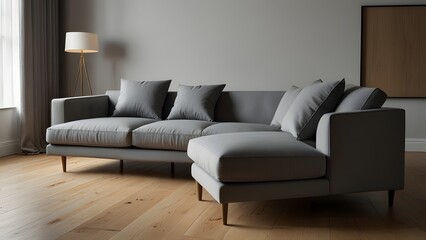 grey L-shaped sofa against a bright white backdrop, surrounded by light wood flooring in a modern