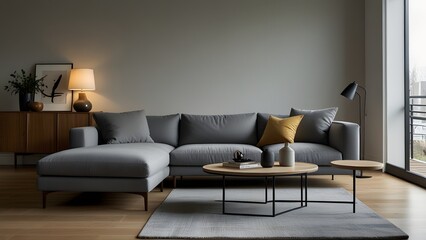 grey L-shaped sofa against a bright white backdrop, surrounded by light wood flooring in a modern