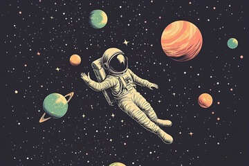 Naklejka premium An astronaut floats in space surrounded by colorful planets and stars.