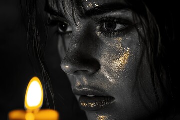 Close-up of a Woman's Face Covered in Gold Glitter with a Candle Flame in the Foreground
