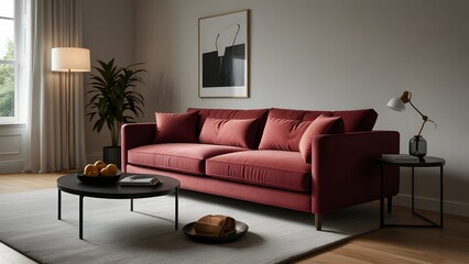 red maroon L-shaped sofa against a bright white backdrop, surrounded by light wood flooring in a modern