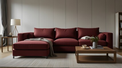 red maroon L-shaped sofa against a bright white backdrop, surrounded by light wood flooring in a modern