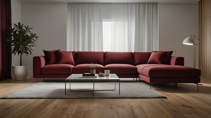 red maroon L-shaped sofa against a bright white backdrop, surrounded by light wood flooring in a modern