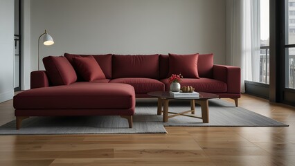 red maroon L-shaped sofa against a bright white backdrop, surrounded by light wood flooring in a modern