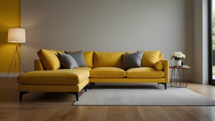 yellow L-shaped sofa against a bright white backdrop, surrounded by light wood flooring in a modern