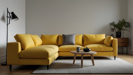 yellow L-shaped sofa against a bright white backdrop, surrounded by light wood flooring in a modern