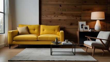 yellow L-shaped sofa against a bright white backdrop, surrounded by light wood flooring in a modern