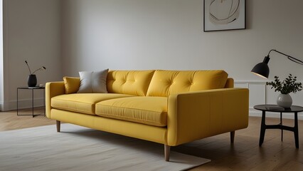 yellow L-shaped sofa against a bright white backdrop, surrounded by light wood flooring in a modern