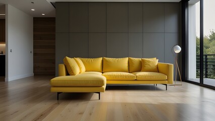 yellow L-shaped sofa against a bright white backdrop, surrounded by light wood flooring in a modern