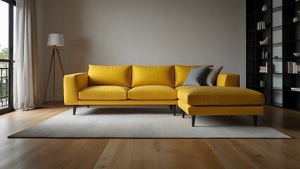 yellow L-shaped sofa against a bright white backdrop, surrounded by light wood flooring in a modern