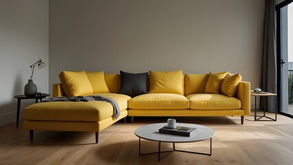 yellow L-shaped sofa against a bright white backdrop, surrounded by light wood flooring in a modern