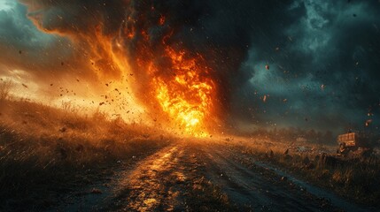 Fototapeta premium A dramatic scene of a fiery explosion against a stormy sky.