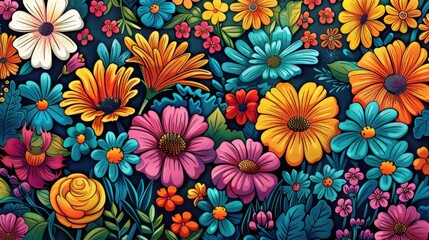 Create a vibrant poster with psychedelic patterns and colorful flowers