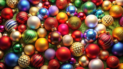 Christmas background with assorted colorful balls , holiday, decorations, festive, ornaments, shiny, sparkly, seasonal