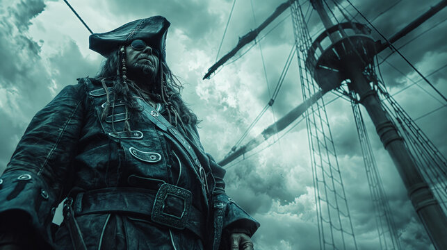 Pirate Captain Look, a pirate captain costume complete with an eyepatch, hat, and sword, standing on a spooky ship deck under a stormy Halloween sky, Halloween, with copy space