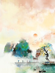 中国风春天风景山水画