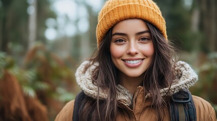 Young woman smiling in a forest, wearing a beanie hat.