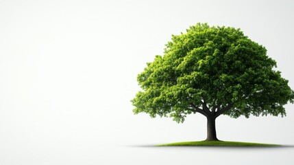 Obraz premium A solitary, large, green tree with a wide canopy, isolated against a white background. It symbolizes growth, life, nature, peace, and serenity.