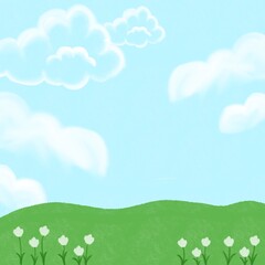 Fototapeta premium a cartoon drawing of a field with clouds and flowers