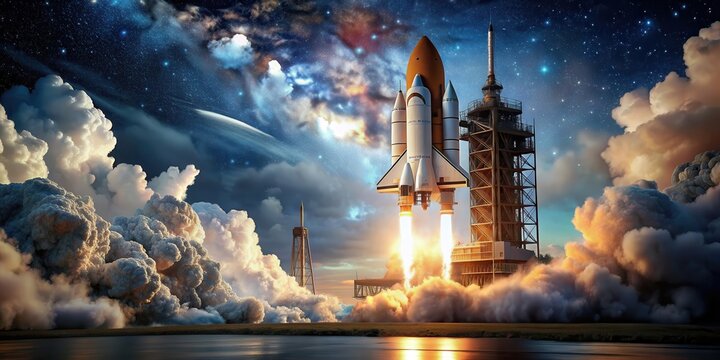 Space shuttle ready for launch with a night sky background with rocket in the distance, Space shuttle, launch pad