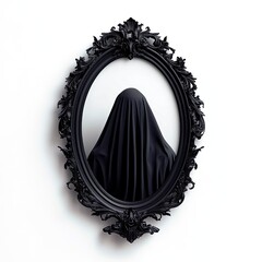A mysterious figure cloaked in black stands before an ornate mirror, creating an eerie atmosphere of intrigue and suspense.
