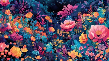 Generate an illustration of an abstract landscape filled with psychedelic patterns and floral elements