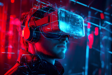 Obraz premium A person wearing a VR headset, immersed in a colorful, futuristic digital environment.