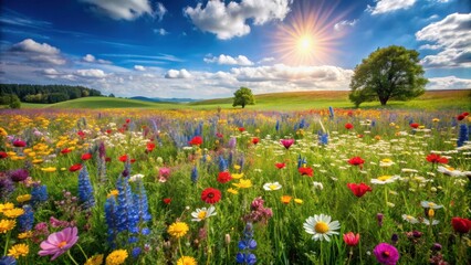 Spring landscape with colorful wildflowers blooming in a meadow, wildflowers, spring, landscape, meadow, blooming, nature