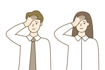 Set of depressed businessman and businesswoman. Business, failure, mental health, depression, stress, anxiety concepts. Hand drawn cartoon people character vector design isolated illustrations.