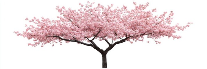 A vibrant, full-bloom pink cherry tree stands isolated against a pristine white background.  The delicate branches are laden with blossoms, symbolizing new beginnings, spring, beauty, fragility, and f