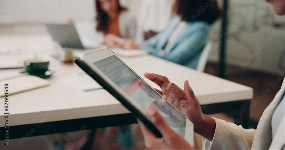 Poster business woman, hands and browsing with tablet screen for web design, scrolling or online website at