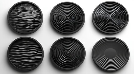 set of black gol roun stickers with sacre geometric shapes an water ripples modern minimal icons for social account design abstract circles isolate on white background