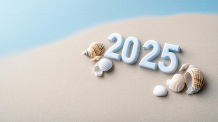 Stylish beach scene featuring the year 2025 with seashells on sand, symbolizing future travel and relaxation.