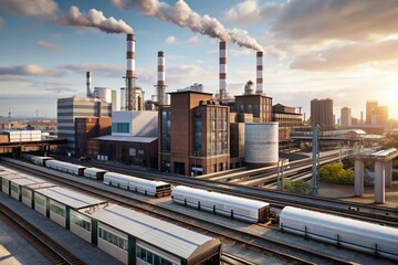 Obraz premium An industrial zone at dawn with warehouses and trains against the city skyline.
