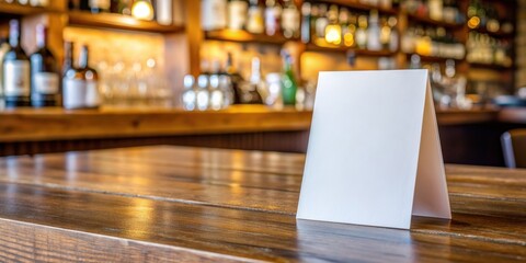 Blank paper table card on wooden table with a bar background , restaurant, menu, mockup, template, blank, paper