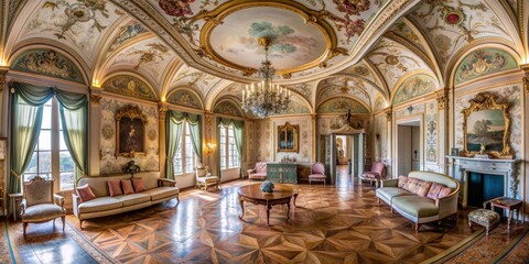 Baroque living room in an old castle in Masino, Italy, featuring vintage 18th century interior decor , Masino